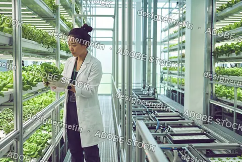 Scientist Woman Inspecting Green Hydroponic Lettuce Plants In Modern Greenhouse Lab
