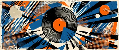 Vinyl Record With Orange Label Center On Retro Comic Style Background, Graffiti Colors
