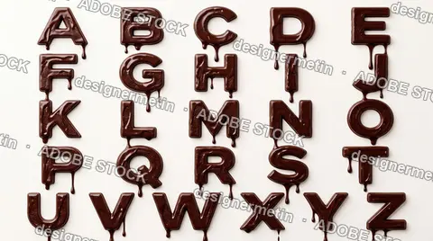 Chocolate Alphabet Letters With Dripping Melting Candy, Dark Brown On Cream Background