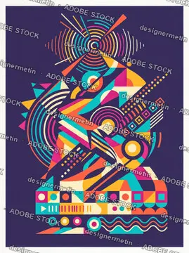 Colorful Geometric Abstract Pattern Art With Retro Shapes On Dark Purple Background