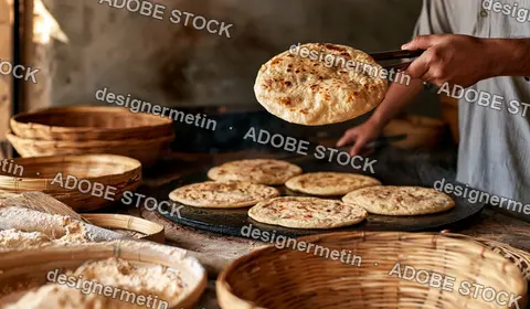 Hand Holding Tongs Cooking Flatbread On Hot Stone, Fresh Bread In Rustic Kitchen