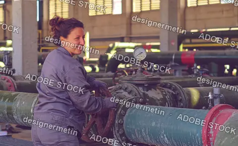 Woman Smiling While Operating Large Green Industrial Valve In Workshop