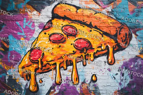 Graffiti Art Of Large Melting Pepperoni Pizza Slice On Painted Brick Wall