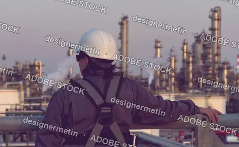 Industrial Worker In Hard Hat Checking Equipment At Oil Refinery With Smoke