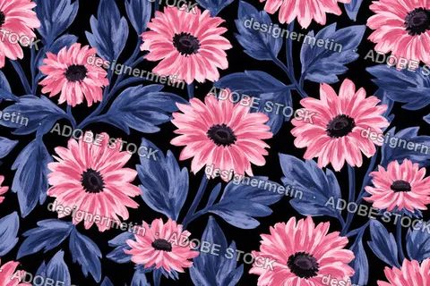 Seamless Pink Daisy Flowers And Blue Leaves Pattern On Dark Navy Background