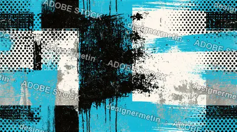 Abstract Blue Black And White Geometric Collage  Seamless Background With Halftone Dots, Grunge Splashes