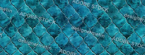 Seamless Teal Quatrefoil Pattern Background With Watercolor Texture And Dark Outlines