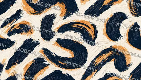 Abstract Brushstroke Seamless Pattern In Navy, White And Orange On Textured Canvas Background