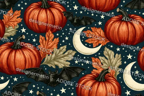 Seamless Pumpkin Halloween Pattern With Moon Stars And Bats On Dark Blue Background