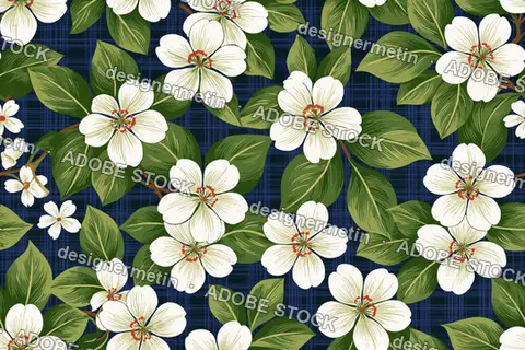 Seamless White Flowers And Green Leaves Pattern On Dark Blue Plaid Background