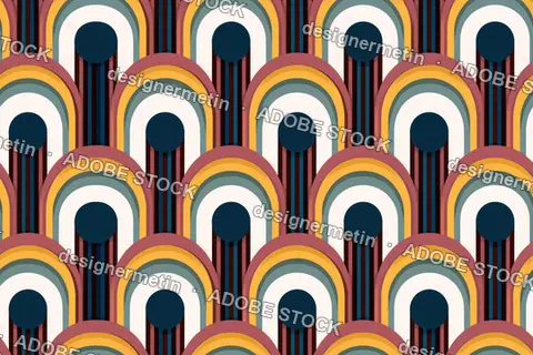 Seamless Colorful Repeating Arches Pattern With Dark Blue Semicircles On Mauve Background