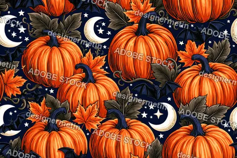 Seamless Orange Pumpkins With Bats And Stars Pattern On Dark Blue Background