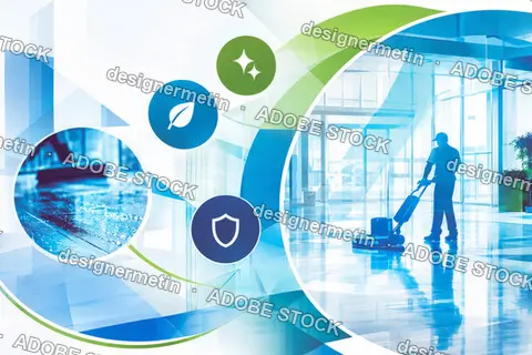 Cleaning Professional Worker Using Floor Scrubber Machine In Modern Office Building