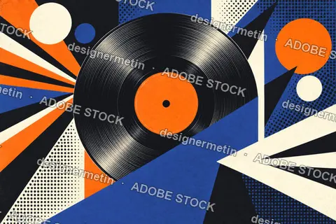 Vinyl Record On Blue And Orange Geometric Background With Halftone Pattern