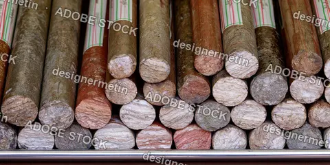Stacked Cylindrical Geological Core Drill Samples Showing Varied Rock Layers And Colors