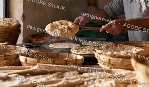 Baker Lifting Fresh Flatbread From A Hot Griddle Near Woven Baskets In Rustic Bakery
