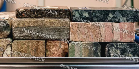 Stack Of Cut Geological Rock Samples With Various Mineral Textures And Natural Patterns