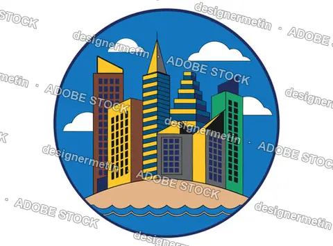 Modern City Skyline On An Island With Ocean Waves, Circular Vector Icon