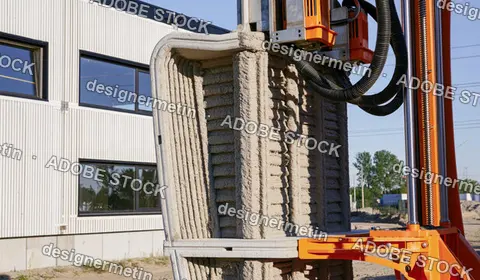 Industrial Concrete Printing Machine Constructing A Layered Wall At A Building Site