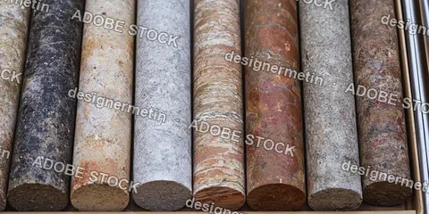 Geological Core Samples Arranged In A Row Showing Diverse Rock Textures And Mineral Layers