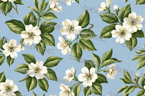 Seamless Pattern With White Blossom Flowers And Green Leaves On Light Blue Background