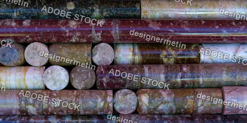 Polished Geological Core Samples Of Colorful Marble And Granite Stones In Drill Rows