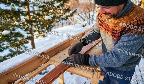 Man Scraping Wooden Cross Country Ski Base Outdoors In Snowy Winter Landscape