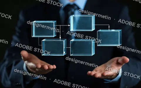 Businessman Holding A Floating Transparent Glass Flowchart Block Diagram