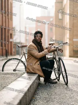 Young Stylish African Man In Camel Coat Sitting On A Curb With His Bicycle On An Urban City Street