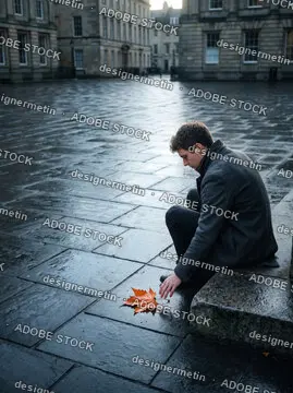 A Thoughtful Young Man In A Wool Coat Crouching Outdoors On Wet Stone Pavement Touching A Fallen Autumn Leaf