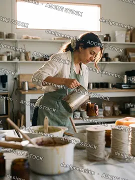 Artisan Woman Pouring Melted Natural Wax Into Glass Jar While Making Handmade Candles In Creative Studio Workshop