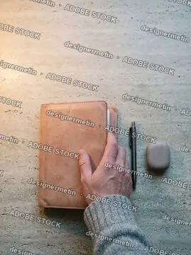 Top View Of A Man'S Hand Opening A Leather Journal Notebook Beside A Pen And Wireless Earbuds Case On A Marble Stone Desk