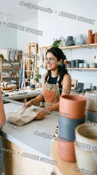 Smiling Female Small Business Owner Packing Purchase In A Reusable Tote Bag For A Customer In A Modern Pottery Boutique