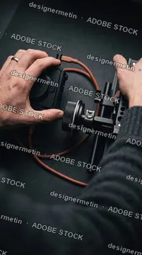 Close-Up Of A Filmmaker Assembling Professional Camera Rig Equipment On A Dark Table In Studio