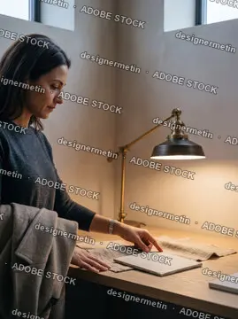 Interior Designer Woman Examining Material Samples And Ceramic Tile On A Wooden Desk Under A Warm Lamp