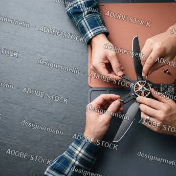 Close Up Top View Of Male Hands Assembling And Repairing A Carbon Fiber Drone Motor On A Workbench
