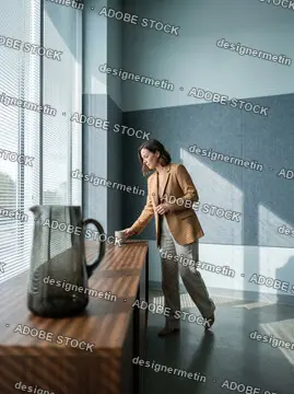 Professional Businesswoman Placing A Coffee Cup On A Wooden Cabinet Next To A Sunny Office Window