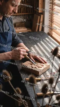 Skilled Artisan Craftsman Carving Intricate Decorative Leaf Pattern Into Wooden Block With Chisel In Workshop