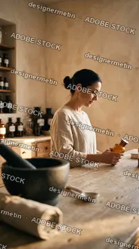 Woman Herbalist Inspecting An Amber Glass Tincture Bottle In A Rustic Workshop With Mortar And Pestle On Wooden Table