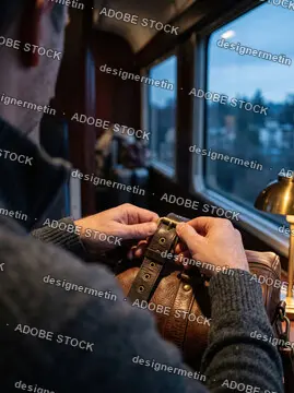 Male Passenger Fastening A Leather Travel Bag Strap While Riding A Vintage Train Compartment