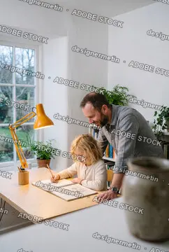 Caring Father Supporting His Young Daughter While Drawing In Sketchbook At Desk Near Window