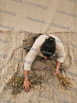 Overhead View Of A Young Herbalist Sitting Cross-Legged On Burla