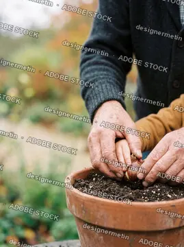Close-Up Of A Grandfather And Grandchild Hands Planting A Flower Bulb In A Terracotta Pot Outdoors