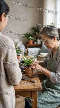 Senior Asian Woman Carefully Repotting A Green Fern Plant Into A Clay Pot At Home With Her Daughter