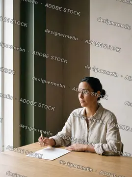 Thoughtful Adult Woman Sitting At A Minimalist Wooden Desk With A Pen And Blank Paper Contemplating In Natural Light