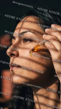 Close-Up Of A Woman Applying Golden Moisturizing Facial Serum With A Pipette Dropper Under Warm Sunlight Casting Blind Shadows