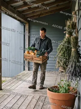Farmer Carrying A Wooden Crate Full Of Fresh Organic Vegetables On Farmhouse Porch