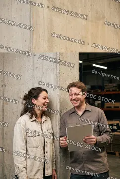 Cheerful Warehouse Colleagues Talking And Laughing Together While Holding A Clipboard In An Industrial Distribution Center