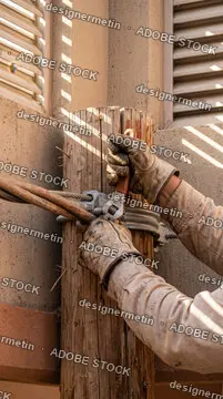 Electrician Or Technician Wearing Leather Gloves Using Adjustable Wrench To Tighten Cable Clamp On Wooden Pole