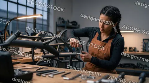 Focused Female Mechanic Using A Wrench To Assemble A Custom Metal Bicycle Frame At A Workbench In A Modern Workshop